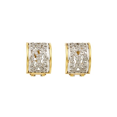 Lot 1039 - Pair of Two-Color Gold and Diamond Half-Hoop Earrings