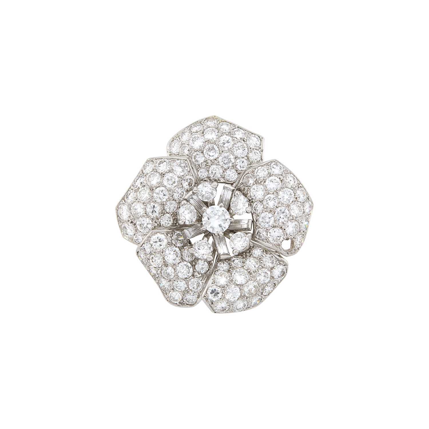 Lot 59 - Platinum and Diamond Flower Clip-Brooch