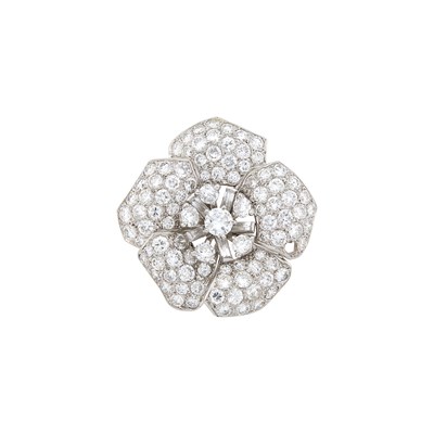 Lot 59 - Platinum and Diamond Flower Clip-Brooch