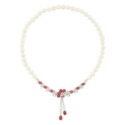 Lot 1176 - Marsh Platinum, Cultured Pearl, Cabochon Ruby and Diamond Necklace