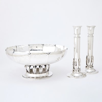 Lot 669 - American Sterling Silver Jensen Style Bowl and Pair of Candlesticks