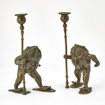 Lot 314 - Pair of Patinated Bronze Frog-Form Candlesticks