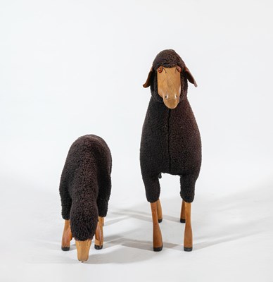 Lot 265 - Pair of Carved Wood and Wool Figures of Sheep