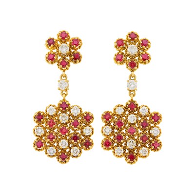 Lot 1111 - Pair of Gold, Ruby and Diamond Pendant-Earrings