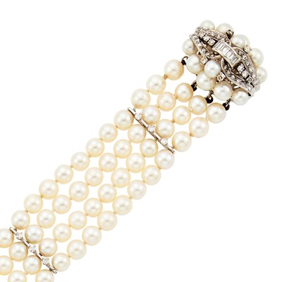 Lot 1275 - Four Strand White Gold, Cultured Pearl and Diamond Bracelet and Pin