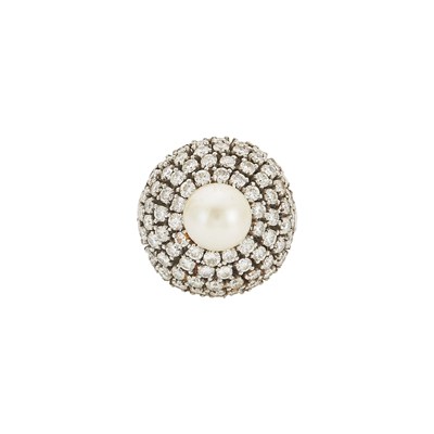 Lot 1189 - Platinum, Diamond and Cultured Pearl Ring