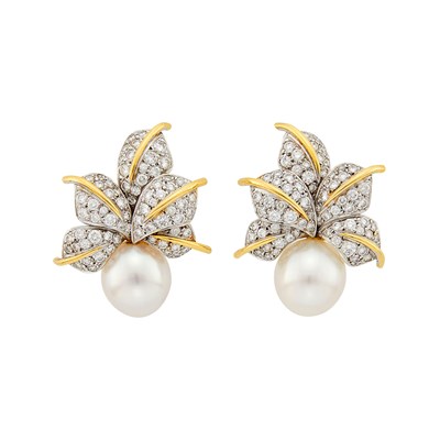 Lot 1184 - Pair of Two-Color Gold, South Sea Cultured Pearl and Diamond Earclips