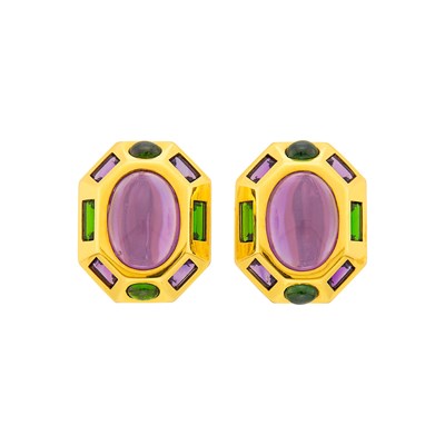 Lot Verdura Pair of Gold, Cabochon Amethyst and Gem-Set 'Byzantine' Earclips