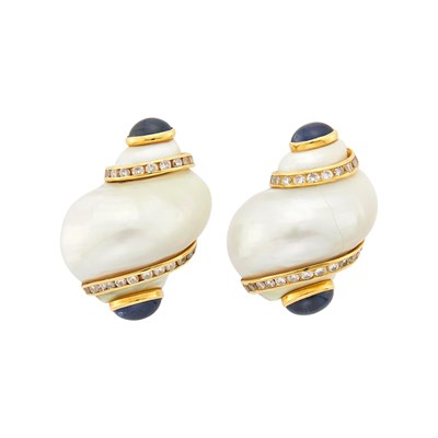 Lot Seaman Schepps Pair of Gold, Shell, Cabochon Sapphire and Diamond 'Turbo Shell' Earclips