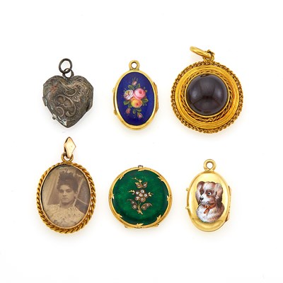 Lot 1100 - Five Antique Gold Lockets and Pendants and Silver Pendant