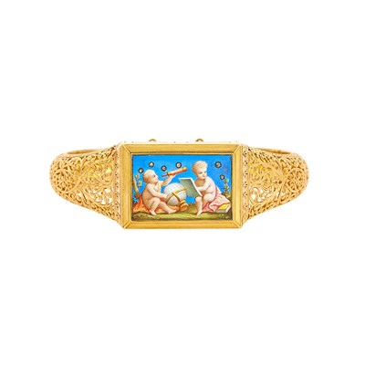 Lot 1108 - Antique Two-Color Gold, Silver and Enamel Portrait Bangle Bracelet