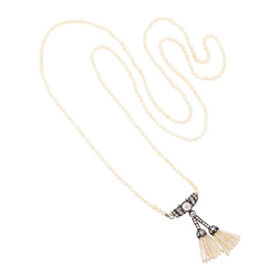 Lot 44 - Long Natural Pearl Necklace with Antique Silver, Gold, Diamond and Pearl Tassel Pendant-Brooch