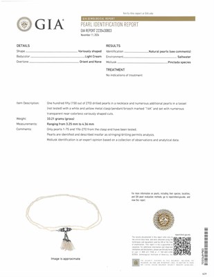 Lot 44 - Long Natural Pearl Necklace with Antique Silver, Gold, Diamond and Pearl Tassel Pendant-Brooch