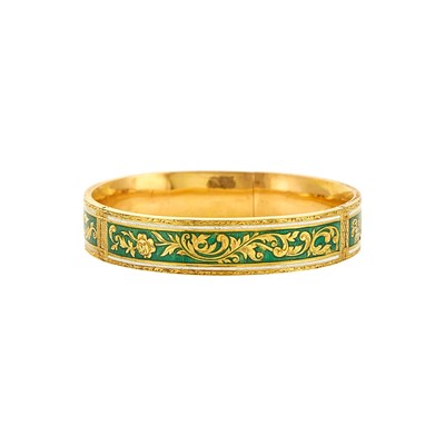 Lot 1109 - Antique Gold, Green and White Enamel Bangle Bracelet, France