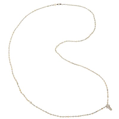 Lot 2248 - Long Platinum and Seed Pearl Chain Necklace with White Gold and Diamond Cross Enhancer