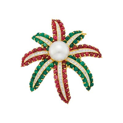 Lot 1101 - Two-Color Gold, Freshwater Button Pearl, Cabochon Ruby and Emerald and Diamond Clip-Brooch