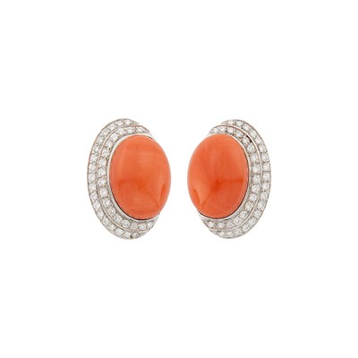 Lot 1130 - Pair of White Gold, Coral and Diamond Earrings