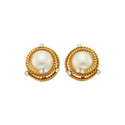 Lot 188 - Tiffany & Co., Schlumberger Pair of Gold, Platinum, Mabé Pearl and Diamond 'Rope' Earclips