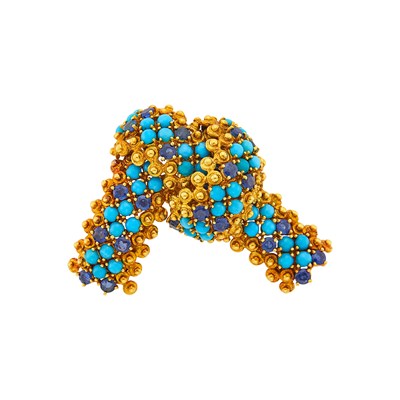 Lot 1136 - Tiffany & Co., Gold, Turquoise and Sapphire Ribbon Brooch