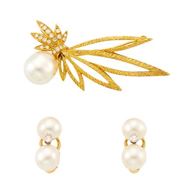 Lot 2348 - Pair of Gold, Cultured Pearl and Diamond Earclips and Brooch