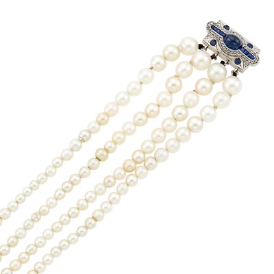 Lot 1144 - Triple Strand Cultured Pearl Bracelet with Platinum, White Gold, Cabochon Sapphire, Sapphire and Diamond Clasp