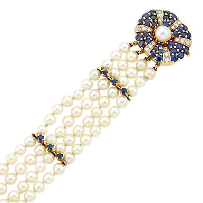 Lot 1256 - Multistrand Cultured Pearl, Gold, Sapphire and Diamond Bracelet