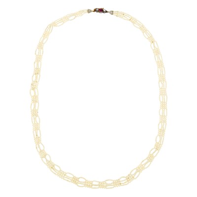 Lot 1140 - Antique Gold, Seed Pearl, Diamond and Cabochon Ruby Necklace