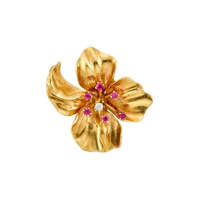 Lot 1072 - Gold, Ruby and Diamond Flower Brooch