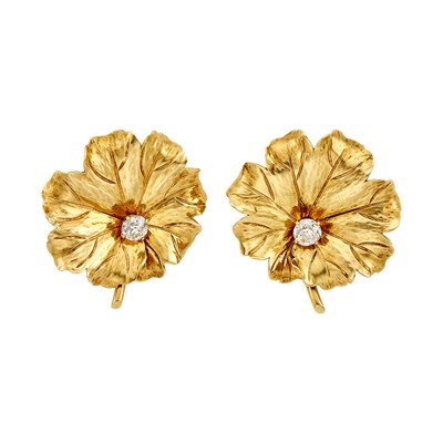 Lot 1070 - Pair of Gold and Diamond Leaf Earclips