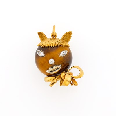 Lot 1057 - Two-Color Gold, Tiger's Eye and Diamond Cat Pendant