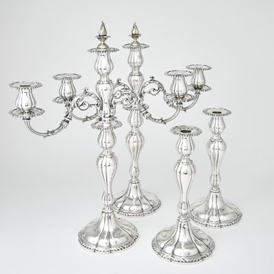 Lot 666 - Set of Four Gorham Sterling Silver Candlesticks and Pair of Three-Light Branches