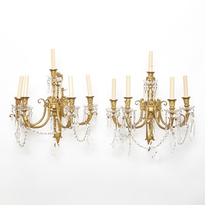 Lot 216 - Pair of Louis XVI Style Gilt Bronze and Glass Five-Light Sconces