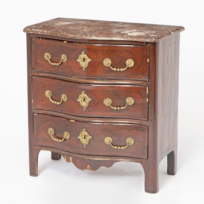 Lot 134 - Louis XIV / XV Regence Marble Top Kingwood Three-Drawer Chest of Drawers