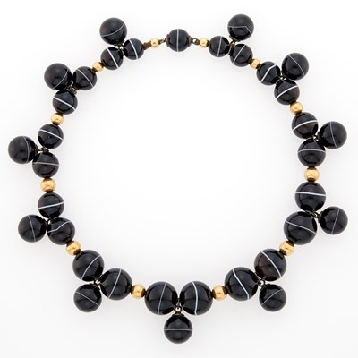 Lot 2181 - Banded Agate and Gilt-Metal Bead Necklace