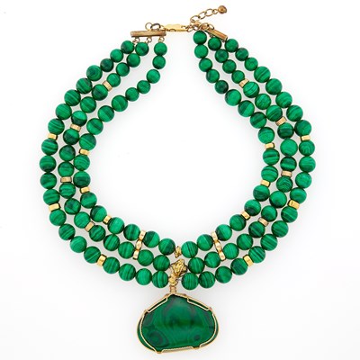 Lot 2410 - Triple Strand Malachite Bead and Gold Necklace with Silver-Gilt Clasp