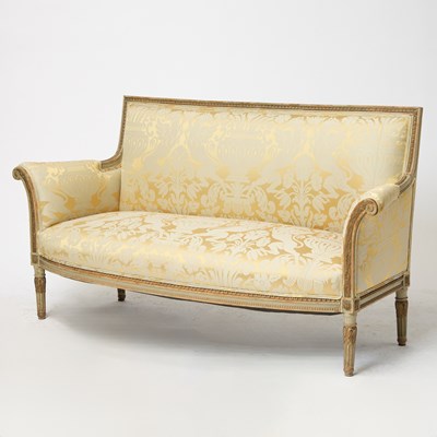 Lot 322 - Louis XVI Upholstered Painted and Parcel Giltwood Settee