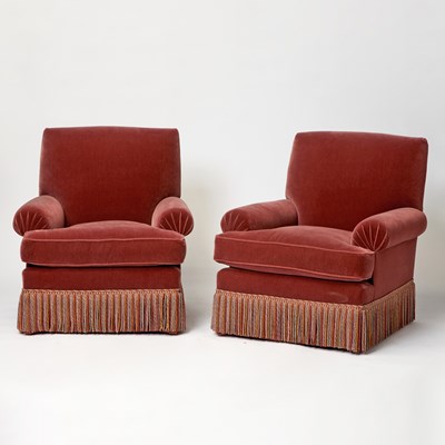 Lot 290 - Pair of Upholstered and Velvet Fringed Club Chairs