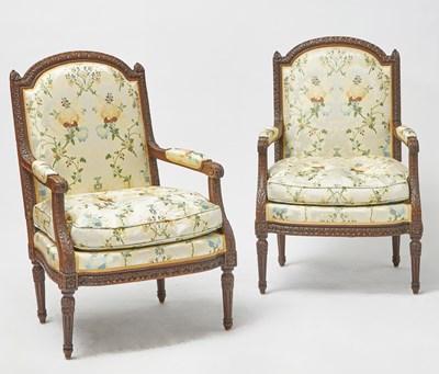 Lot 249 - Pair of Louis XVI Style Upholstered Stained Beechwood Fauteuils