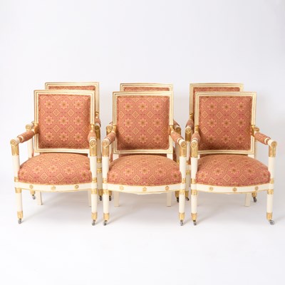 Lot 466 - Set of Six Restauration Upholstered Parcel Gilt Painted Wood Armchairs, decoration of later date