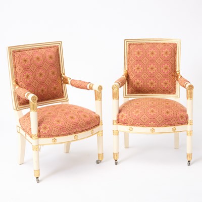 Lot 466 - Set of Six Restauration Upholstered Parcel Gilt Painted Wood Armchairs, decoration of later date