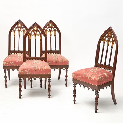 Lot 268 - Set of Four French Gothic Revival Inlaid Mahogany and Painted Side Chairs