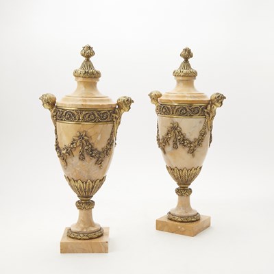 Lot 201 - Pair of Louis XVI Style Gilt Metal Mounted Marble Urns