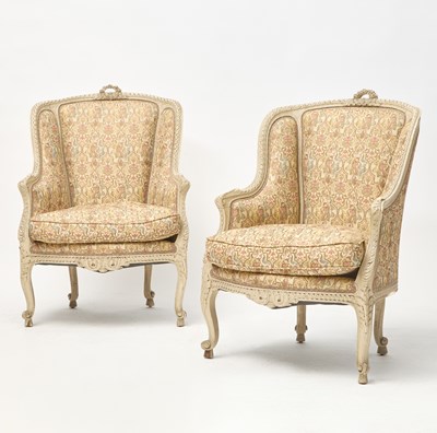 Lot 199 - Pair of Louis XV Style Upholstered Painted Wood Bergeres