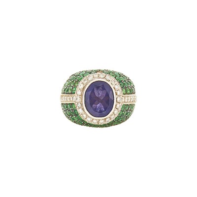 Lot 1160 - White Gold, Tanzanite, Emerald and Diamond Ring