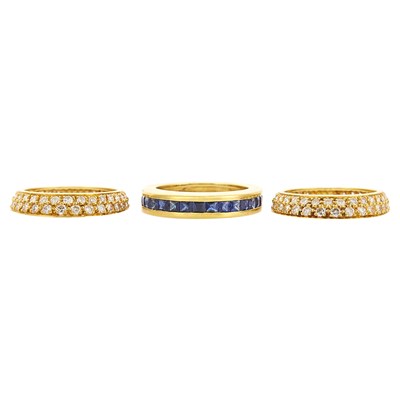 Lot 1180 - Three Gold, Diamond and Sapphire Band Rings