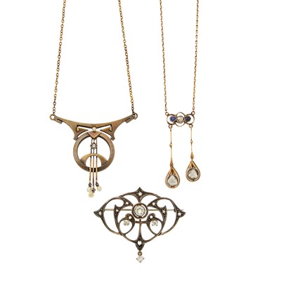 Lot 2221 - Two Art Nouveau and Gold, Silver, and Diamond Pendant-Necklaces and Brooch