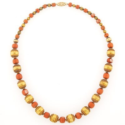 Lot 2392 - Gold and Coral Bead Necklace