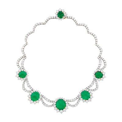 Lot 221 - Platinum, Gold, Cabochon Emerald and Diamond Necklace