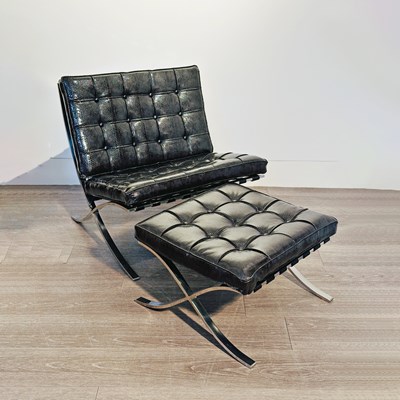 Lot 1113 - Mies van der Rohe for Knoll Inc. Upholstered and Chromed Metal "Barcelona" Chair and Ottoman