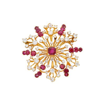 Lot 1107 - Gold-Plated Platinum, Ruby and Diamond Snowflake Brooch